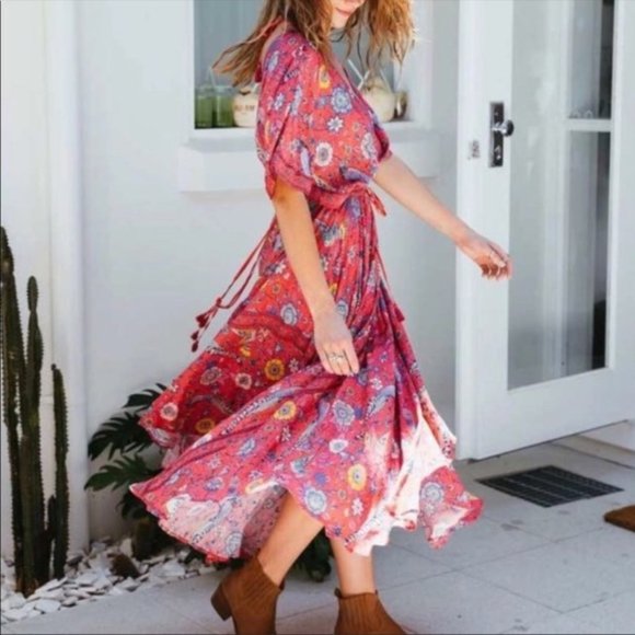 Dresses & Skirts - Red Boho Floral Bird Gypsy Print Maxi Long